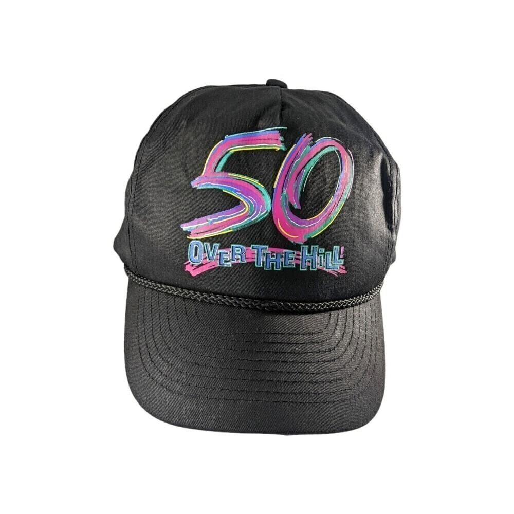 VTG 50th Birthday "50 Over The Hill"  Neon Text Black Snap Back Baseball Cap Hat